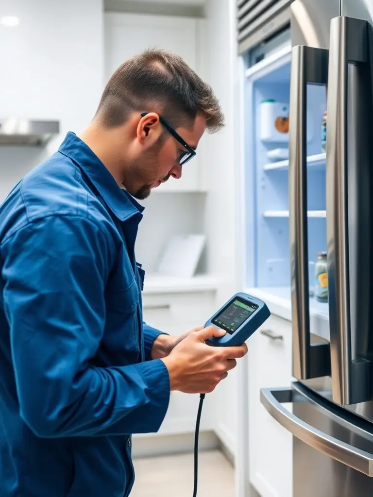 A professional technician is carefully examining the internal components of a Viking refrigerator, with tools and diagnostic equipment visible, in a well-lit, modern kitchen setting. This image represents our Viking Refrigerator Repair service.