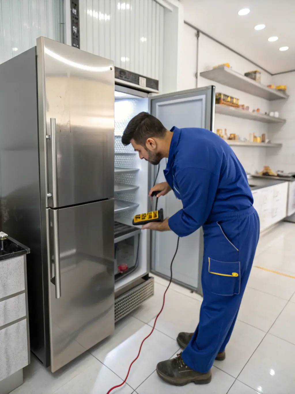 A professional technician in a clean uniform is shown expertly diagnosing a Viking refrigerator with advanced diagnostic tools, emphasizing the company's commitment to precision and expertise.