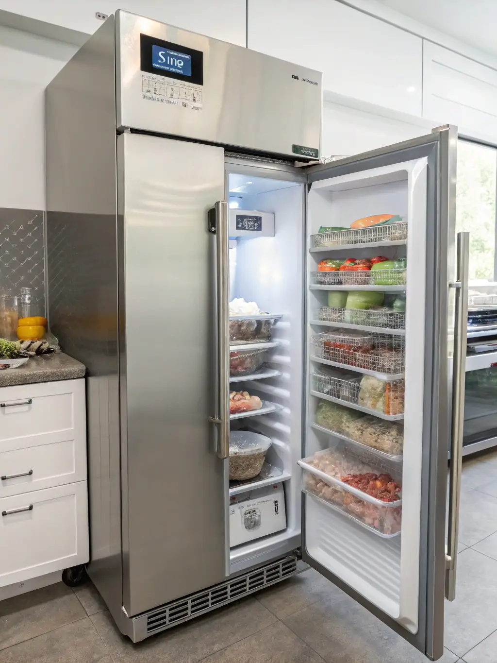 A Viking freezer with organized frozen food items, emphasizing its storage capacity and freezing capabilities. The image is crisp and clear.