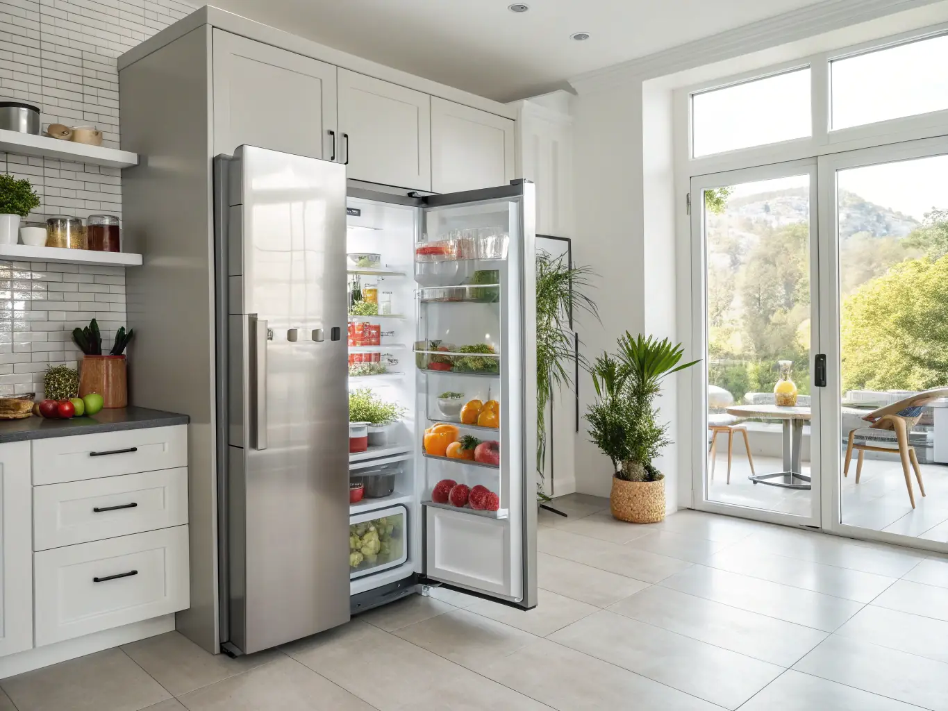 A Viking refrigerator with its door open, showcasing fresh produce and organized shelving, symbolizing efficient cooling and food preservation.
