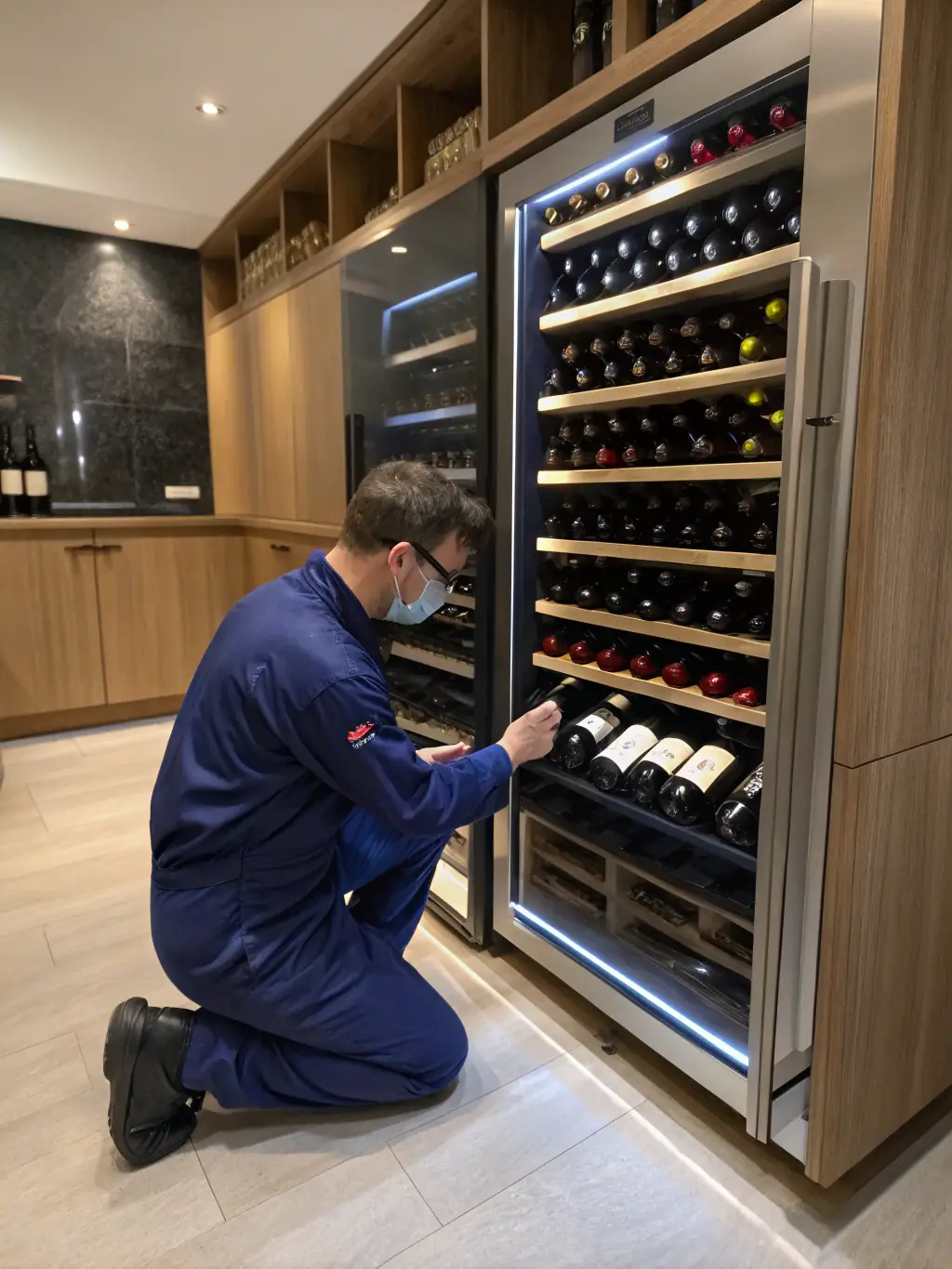 A Viking wine cooler with a technician carefully adjusting the temperature settings, highlighting the importance of precise climate control.