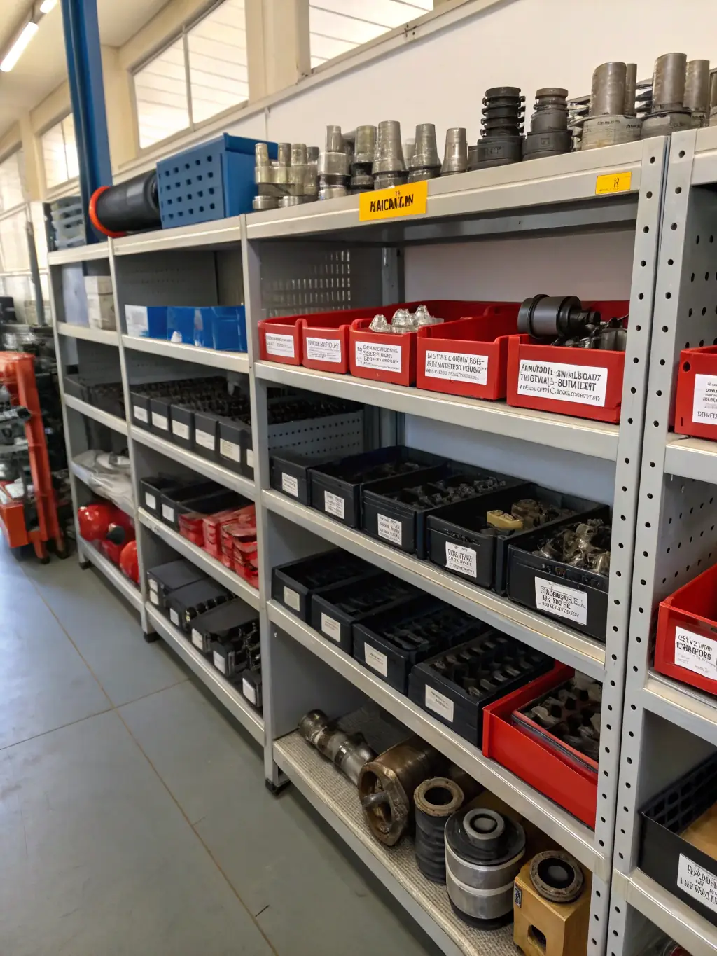 A collection of genuine Viking replacement parts is neatly organized on a shelf in a repair shop, showcasing the company's commitment to using only the highest quality components.