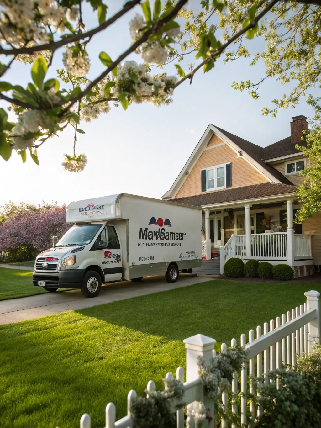 A Viking appliance repair van is parked neatly in front of a well-maintained house in a suburban neighborhood, symbolizing the company's reliability and prompt service.