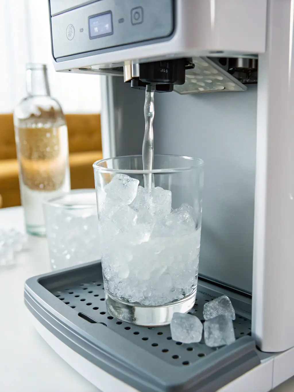 A close-up of a Viking ice maker, highlighting its components and ice production. The image is clean and well-lit.