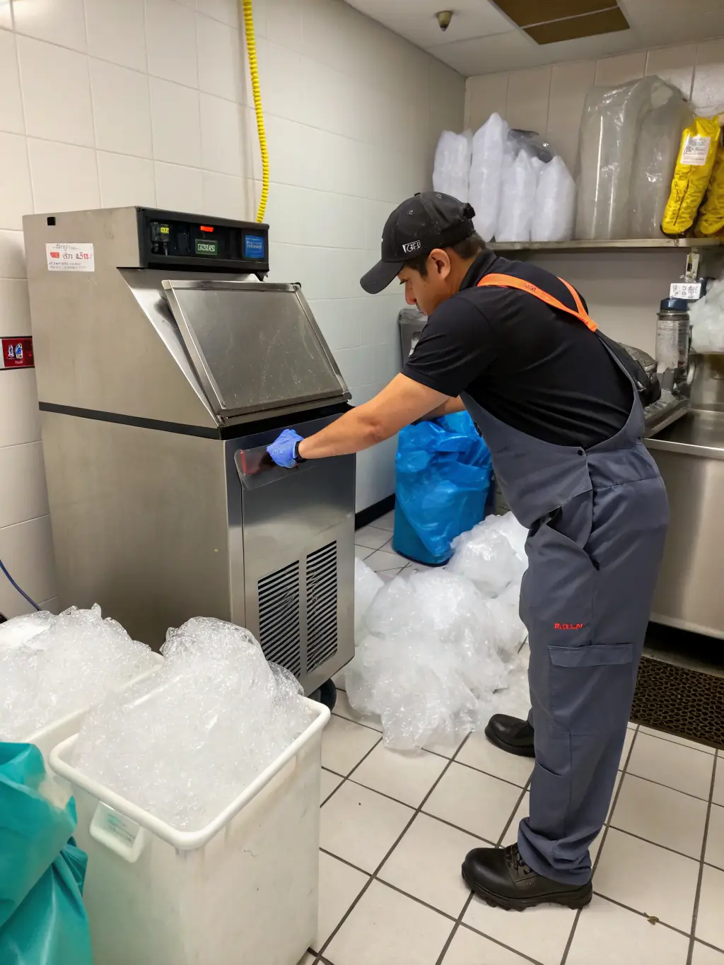 A close-up shot of a technician working on a Viking ice maker, showcasing the intricate details of the ice production mechanism, with specialized tools in hand. This image represents our Viking Ice Maker Repair service.