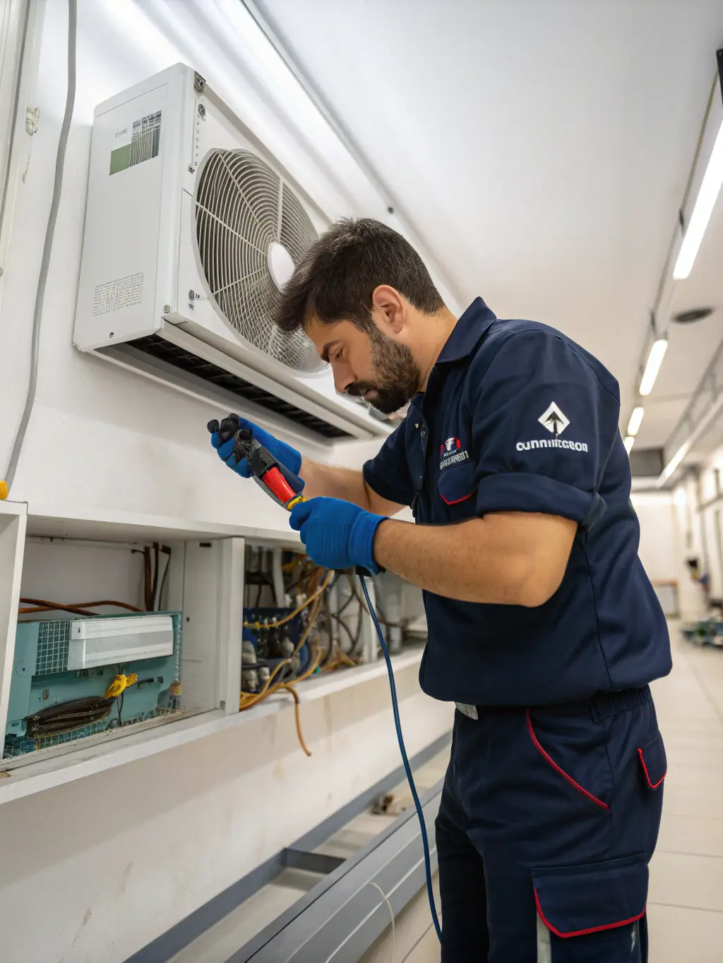 A Viking ice maker being repaired by a technician, showcasing the internal components and the precision required for the job.