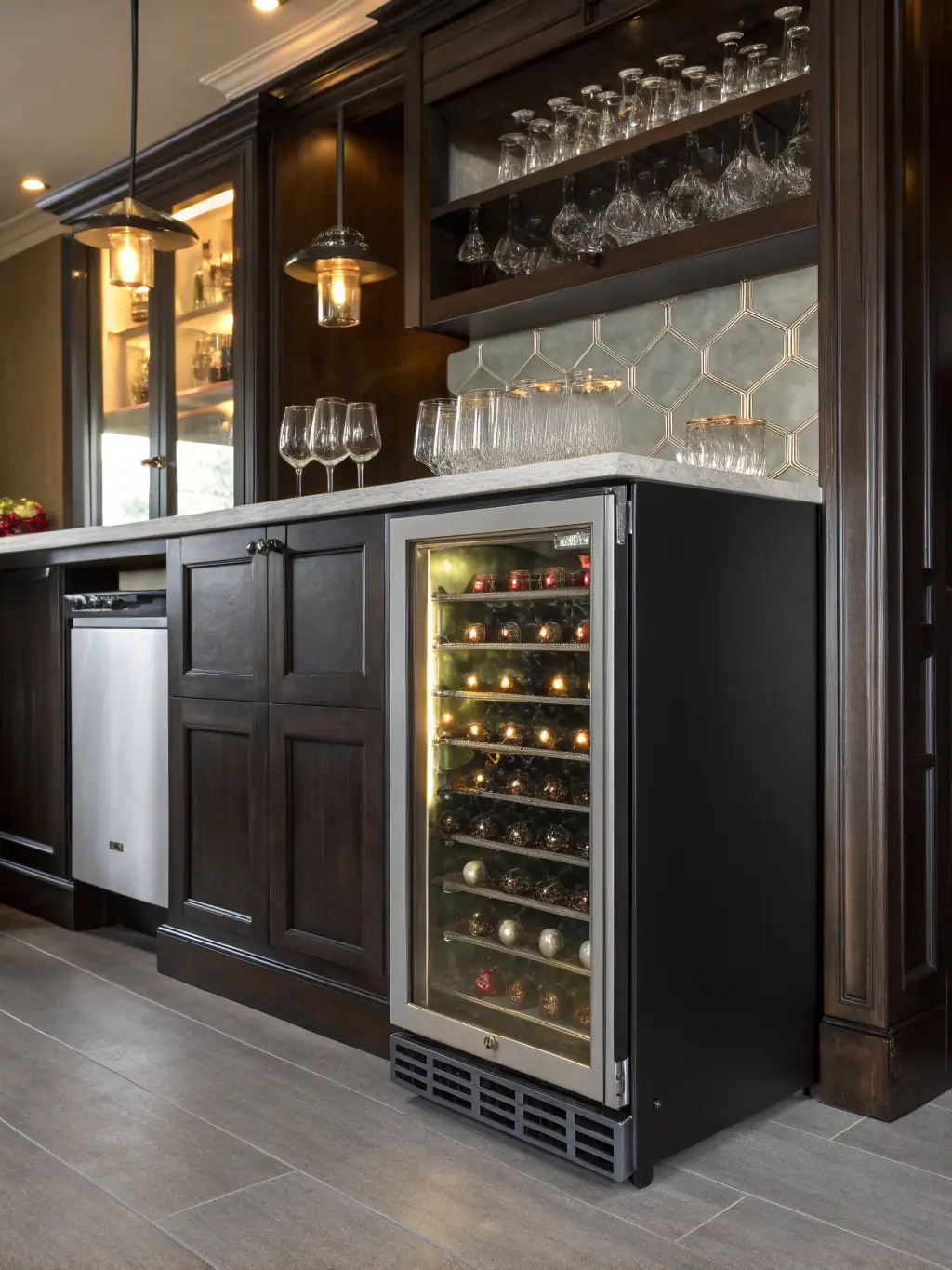 A technician is carefully adjusting the temperature settings on a Viking wine cooler, with bottles of wine visible inside, in a sophisticated wine cellar environment. This image represents our Viking Wine Cooler Repair service.