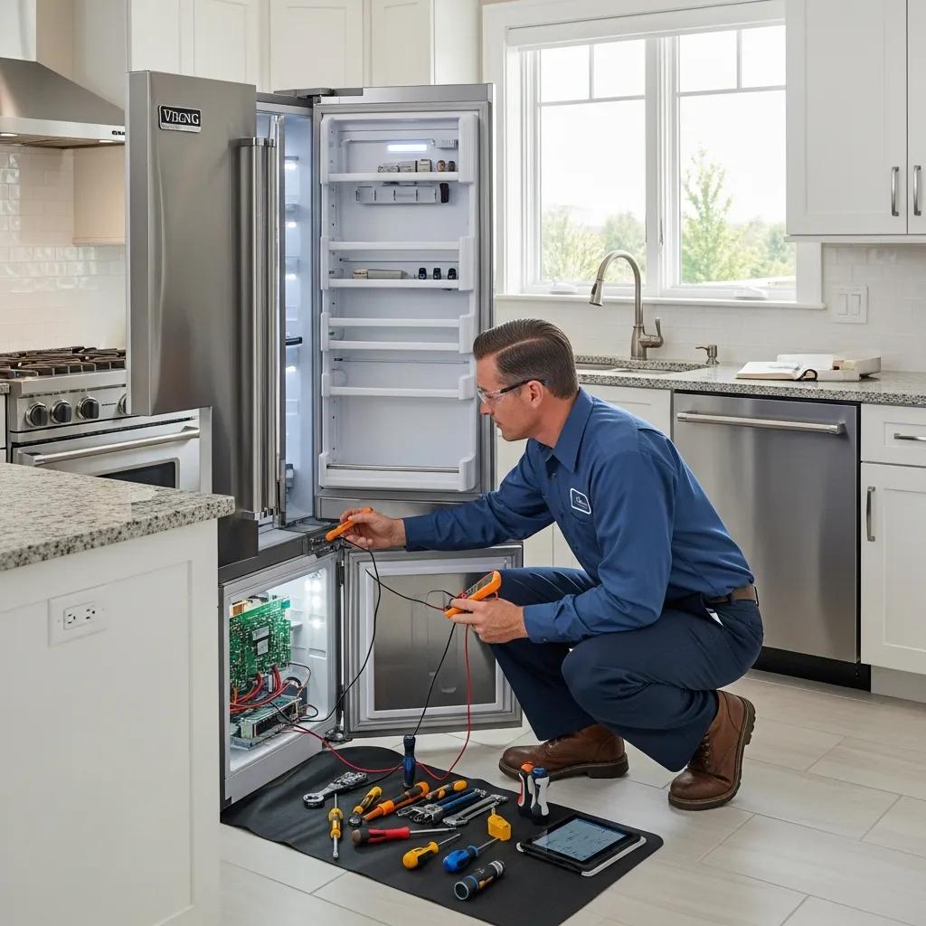 Certified technician inspecting a Viking refrigerator for emergency repair