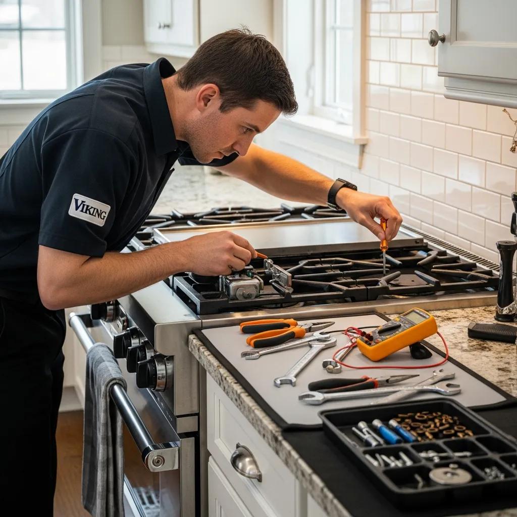 Certified technician repairing a Viking stove in a home kitchen