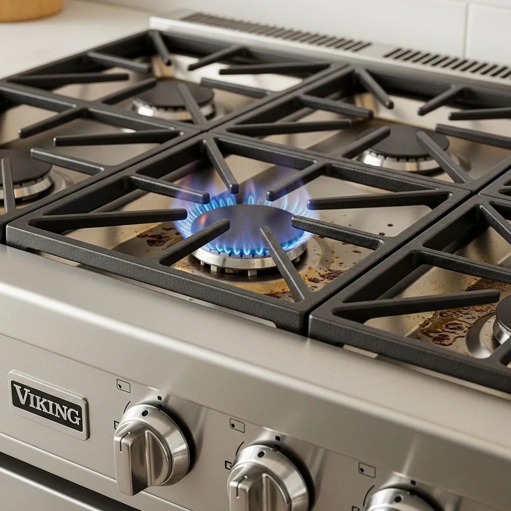 Close-up of a Viking cooktop showing signs of wear and malfunction