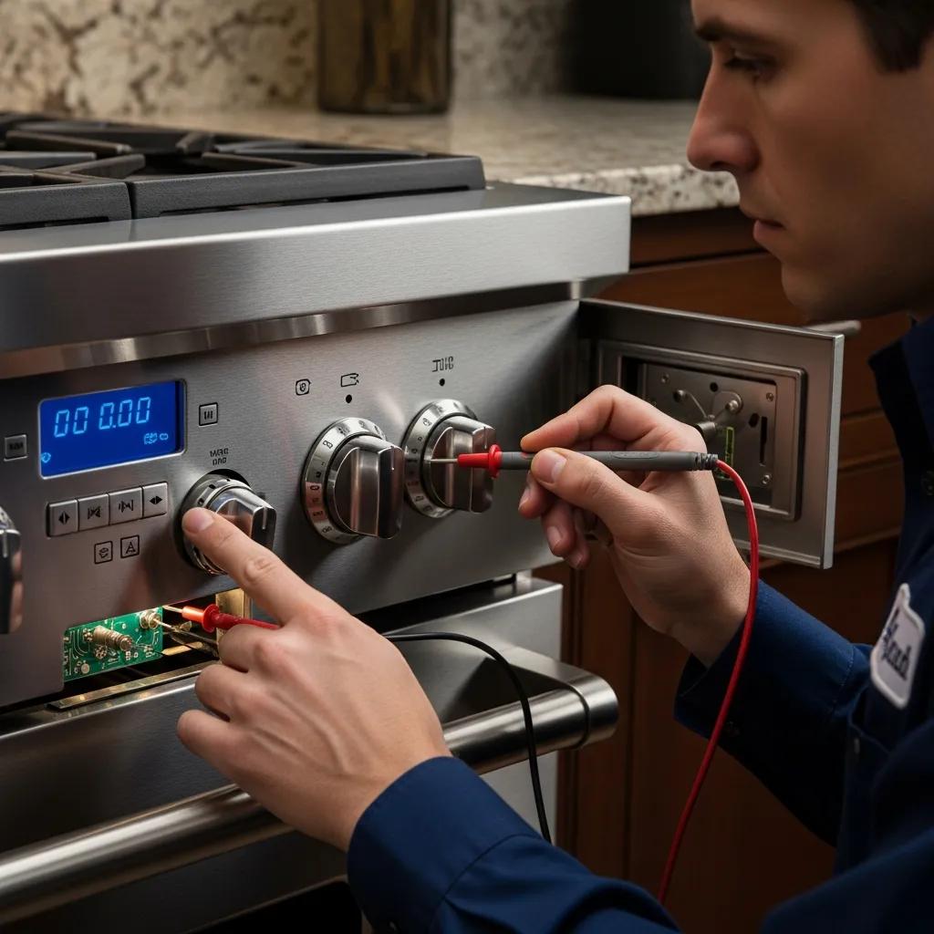 Close-up of a Viking range control panel being inspected by a technician, emphasizing troubleshooting