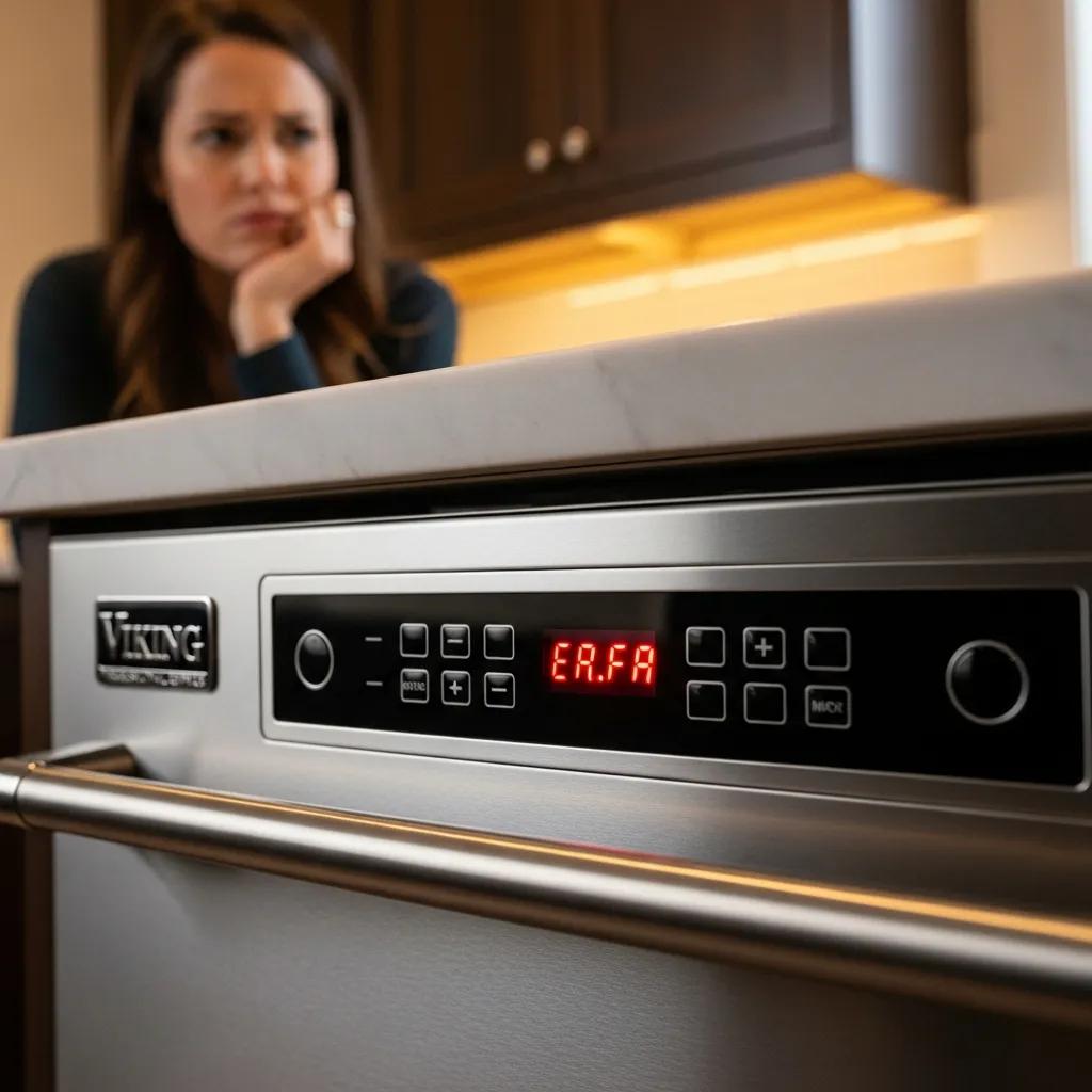 Homeowner observing error code on Viking dishwasher, highlighting common issues