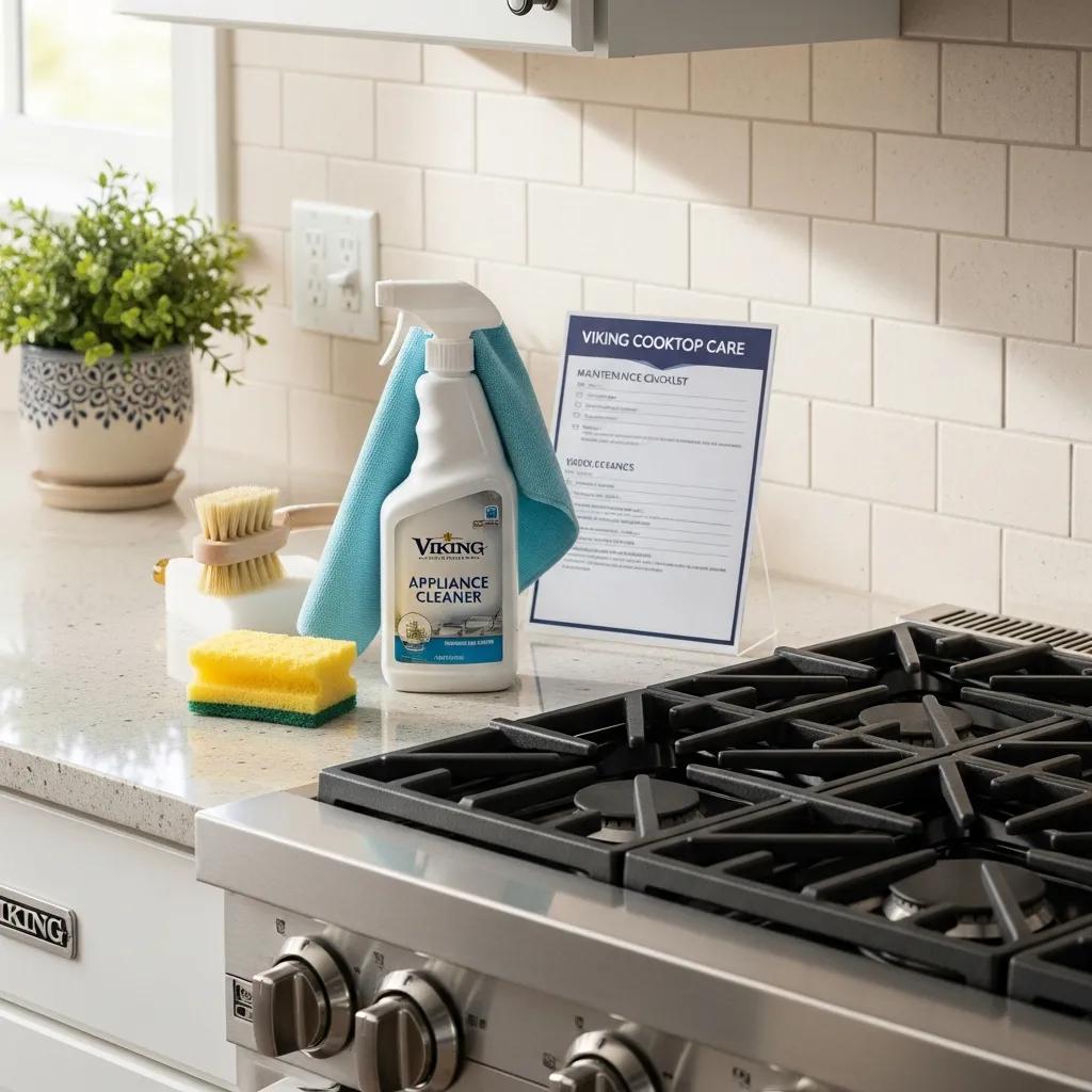 Kitchen countertop with cleaning supplies for maintaining Viking cooktops