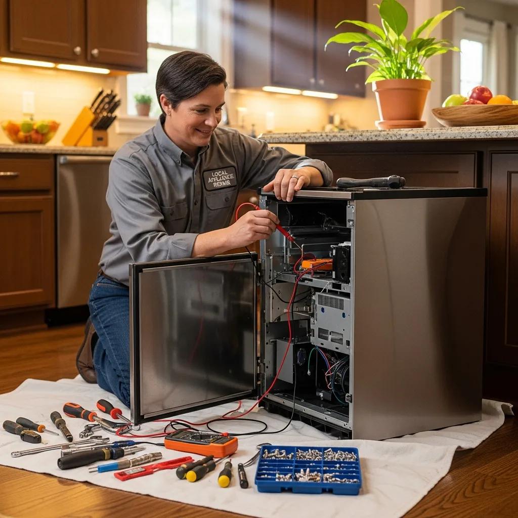 Local technician repairing a Viking ice maker in a home setting