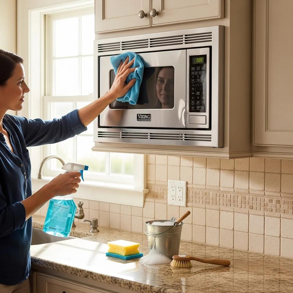 Person cleaning a Viking microwave in a bright kitchen