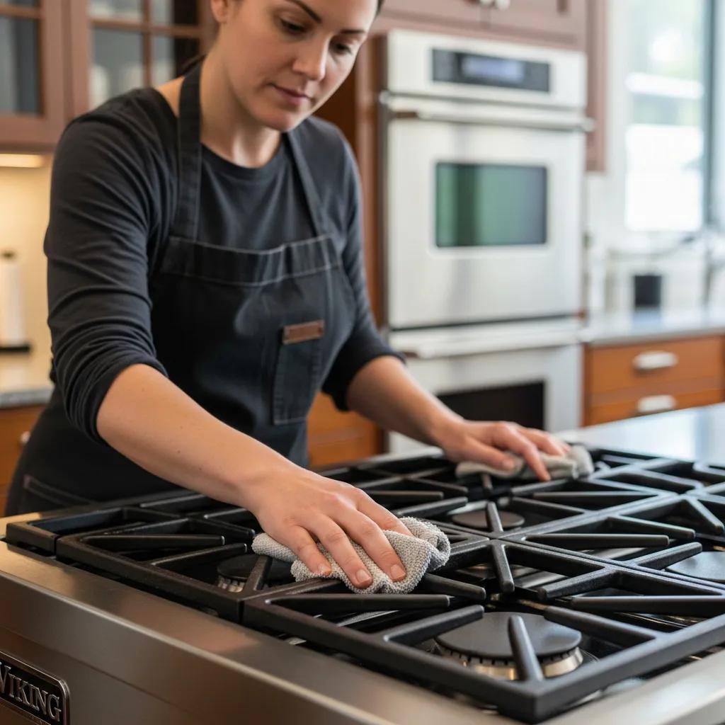 Person inspecting and cleaning Viking cooktop burners for maintenance