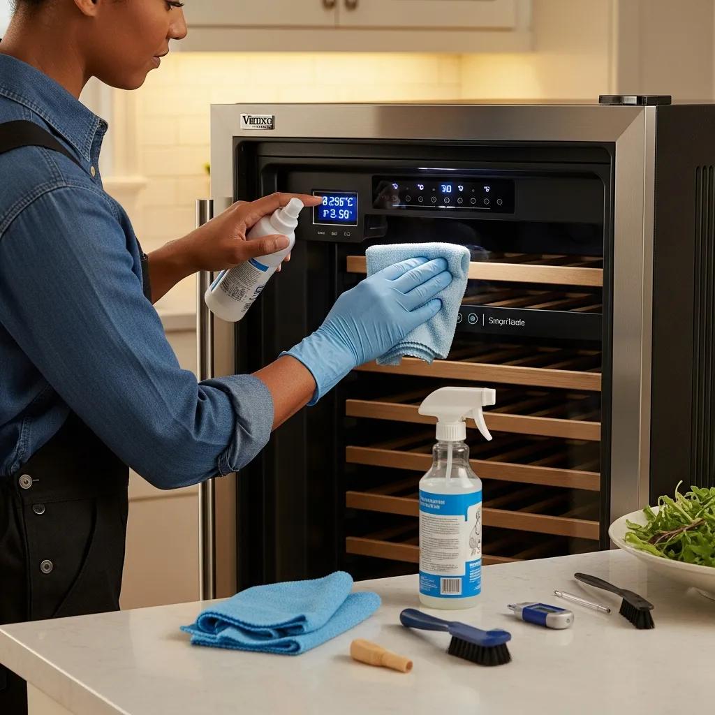 Person maintaining a Viking wine cooler, demonstrating best practices for appliance care