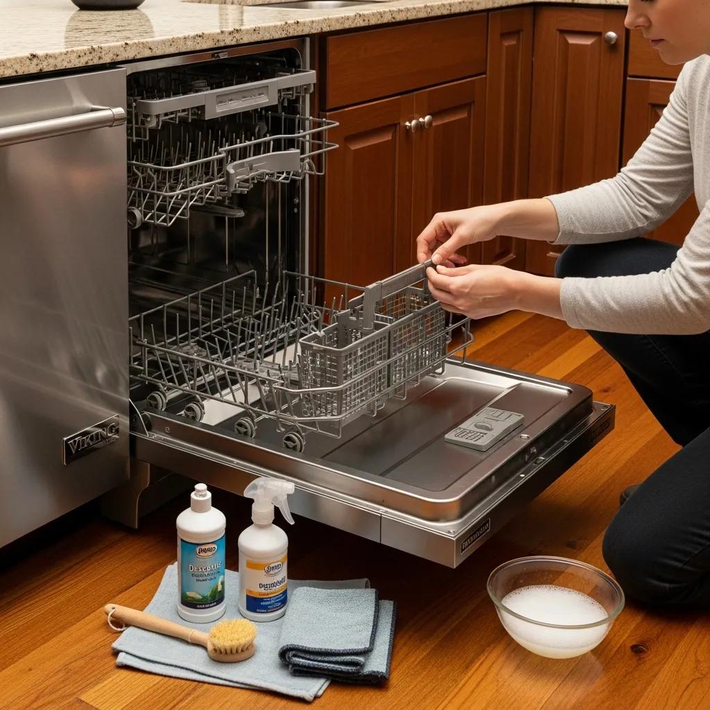 Person performing maintenance on a Viking dishwasher, emphasizing care and upkeep