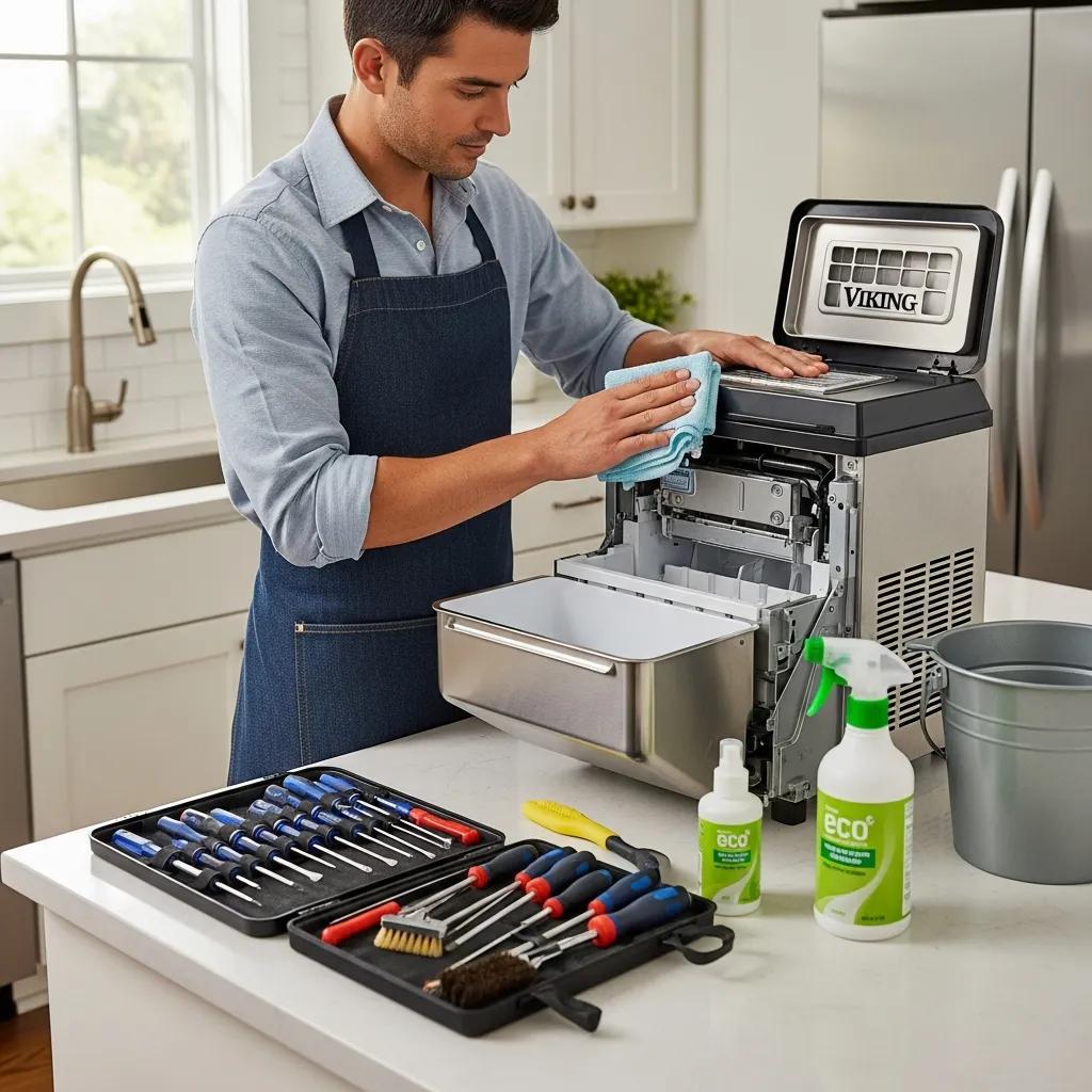 Person performing maintenance on a Viking ice maker in a clean kitchen