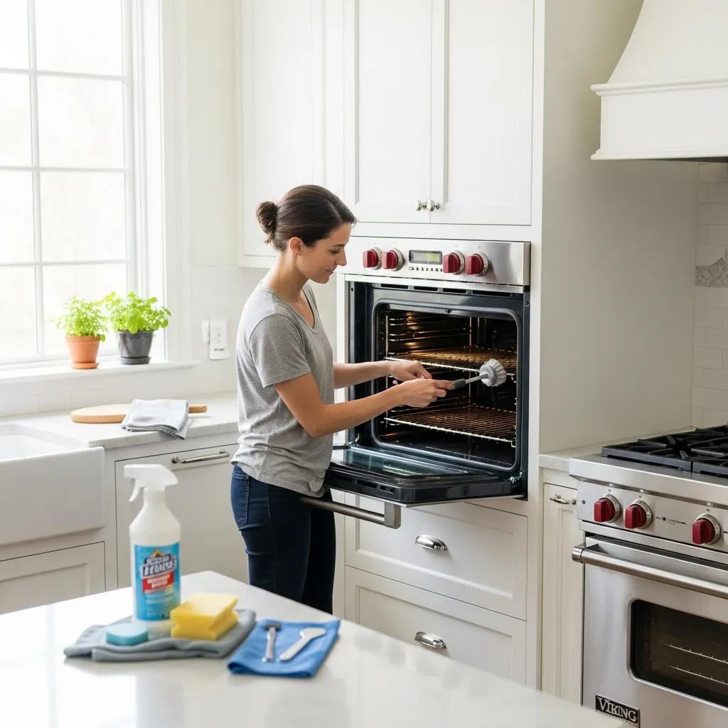 Person performing maintenance on a Viking oven, emphasizing care and longevity