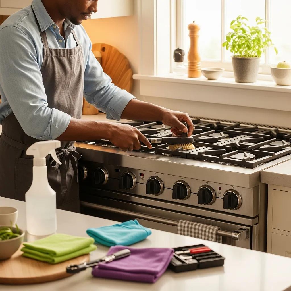 Person performing maintenance on Viking stove, highlighting care and upkeep