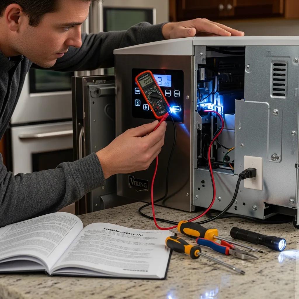 Person troubleshooting a Viking ice maker, checking power supply and settings