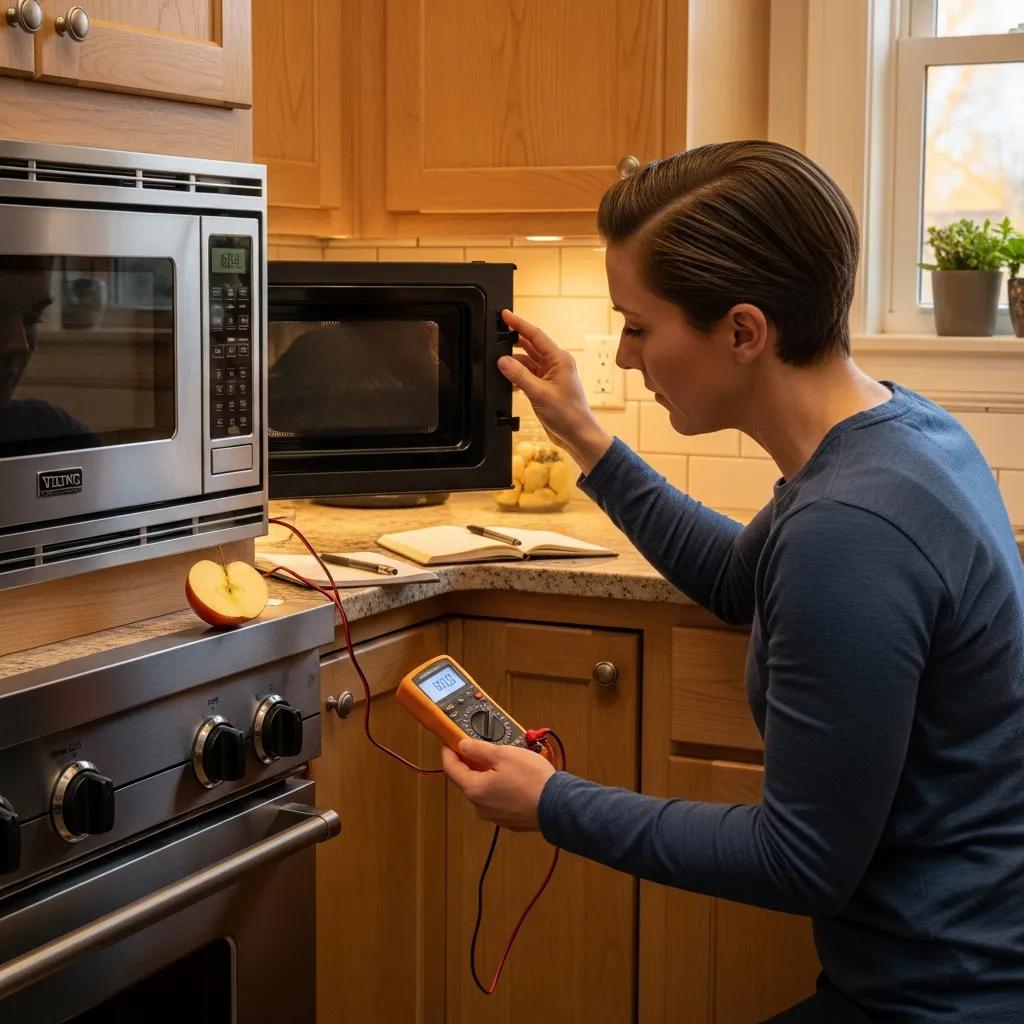 Person troubleshooting a Viking microwave in a cozy kitchen