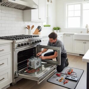 Professional technician repairing a Viking range in a modern kitchen