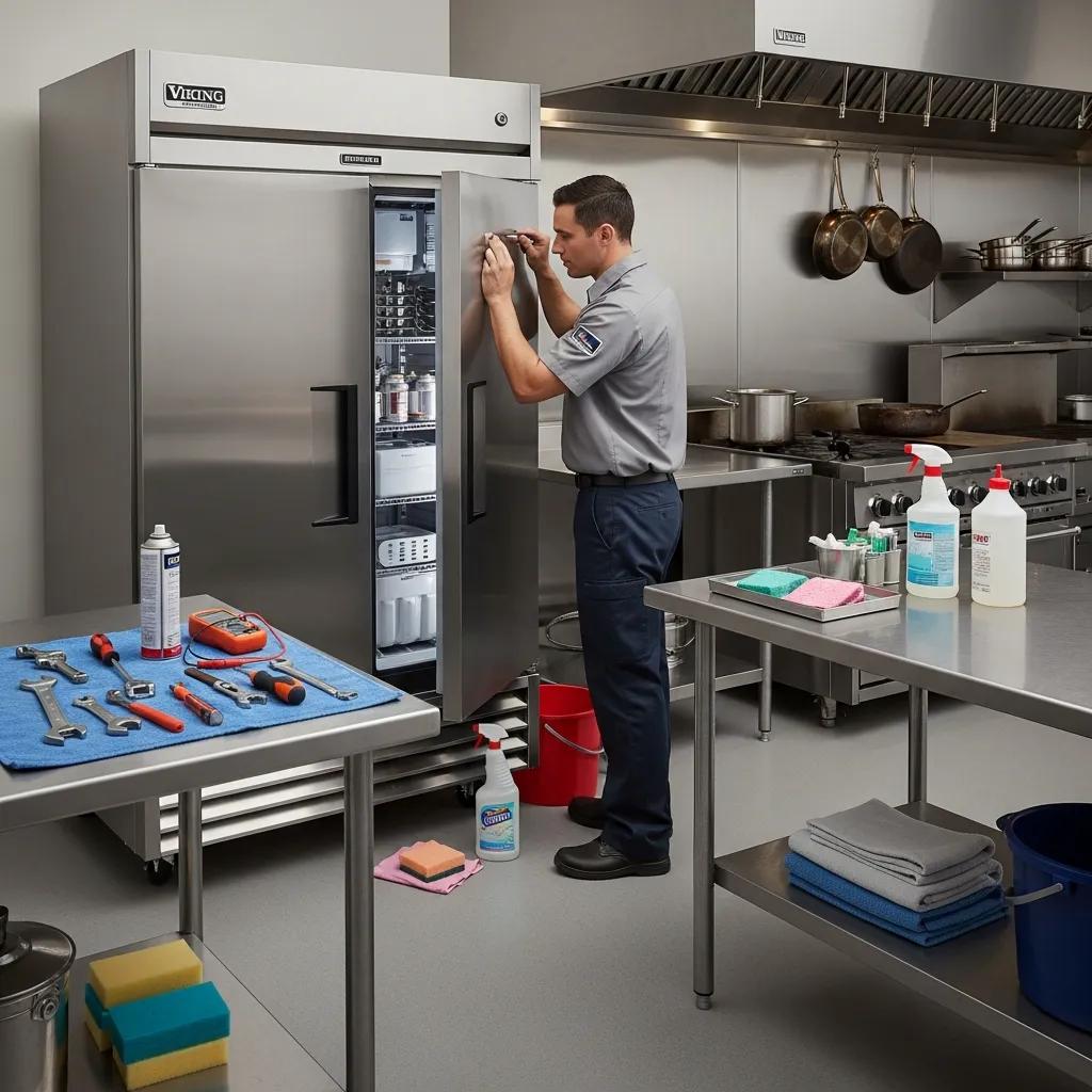 Technician conducting maintenance on a Viking refrigerator in a commercial kitchen, showcasing service importance