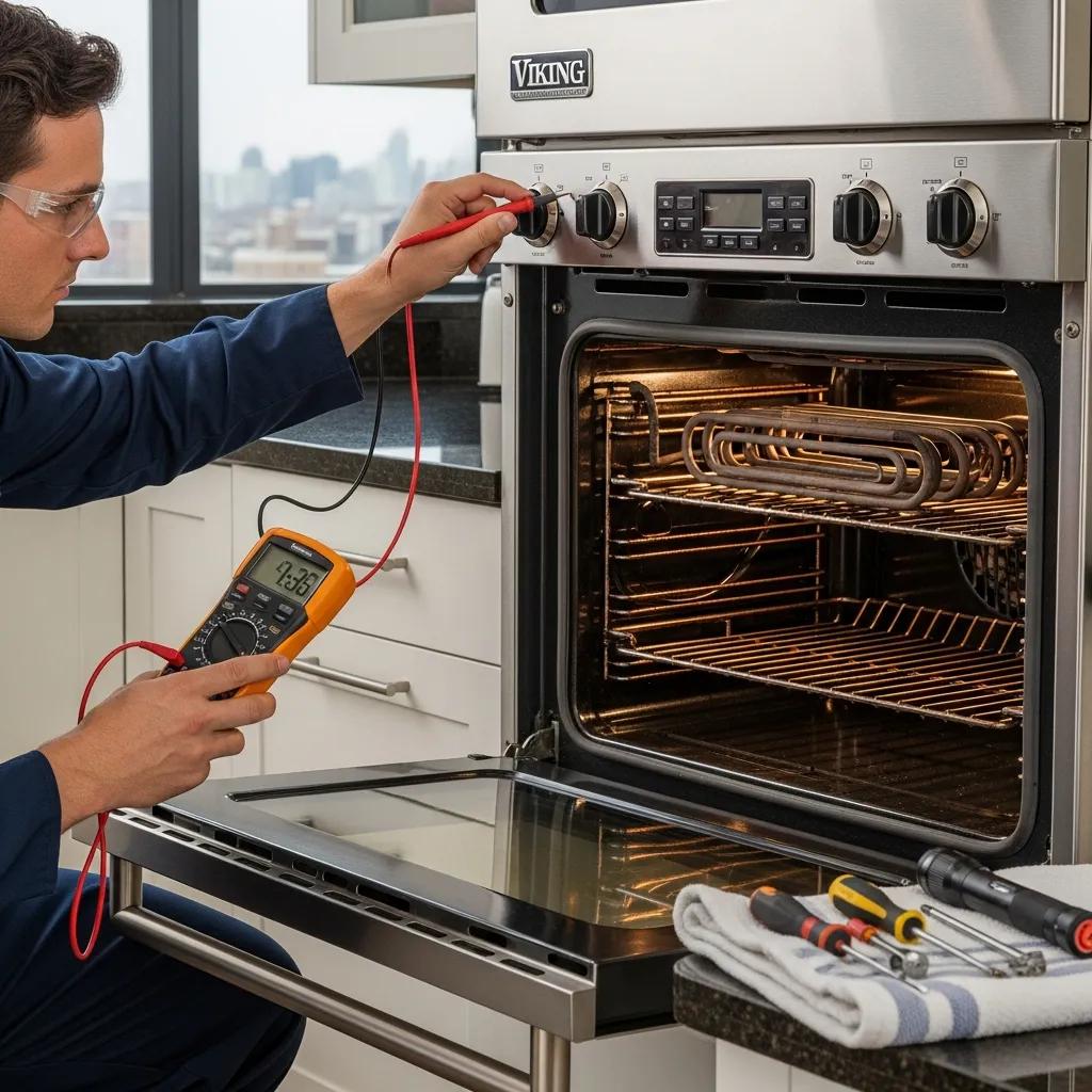 Technician diagnosing issues in a Viking oven, focusing on control panel and heating elements