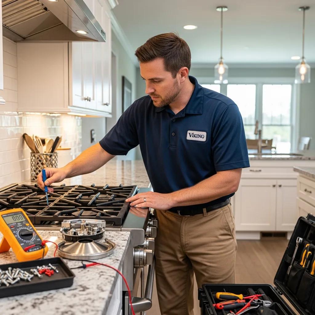 Technician examining a Viking cooktop, showcasing professional repair services