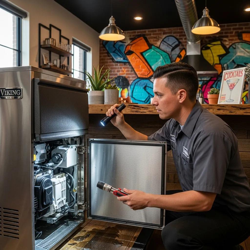 Technician inspecting a Viking ice maker for common issues in a kitchen
