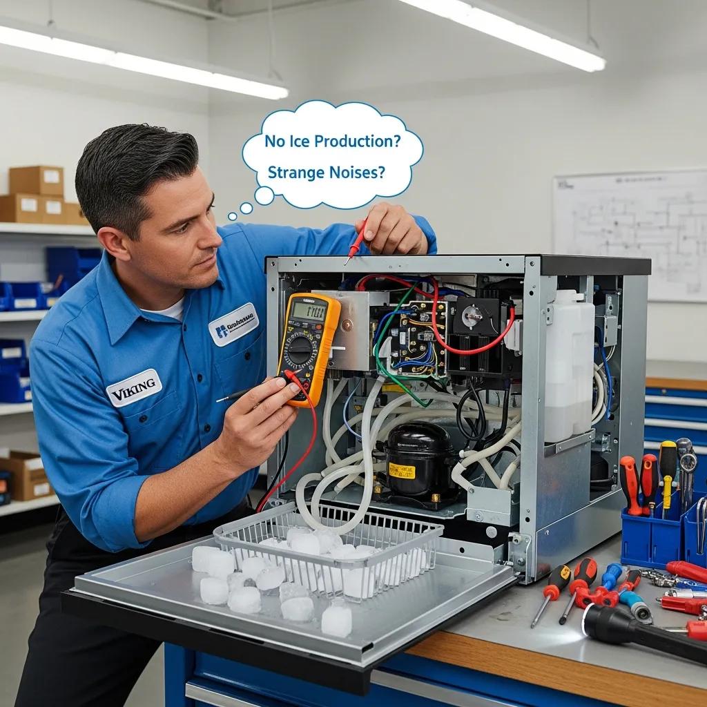 Technician inspecting a Viking ice maker for common issues like no ice production