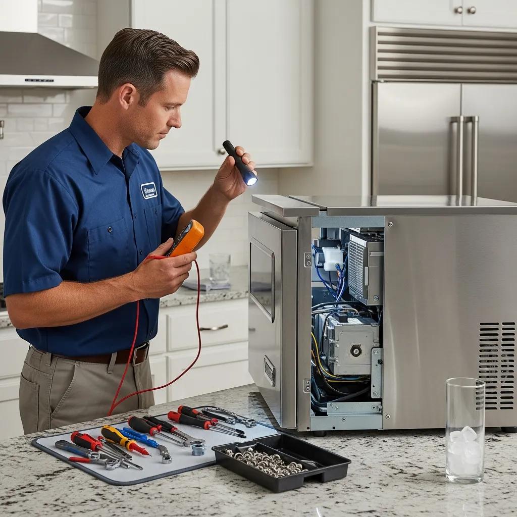 Technician inspecting a Viking ice maker in a residential kitchen, highlighting repair services