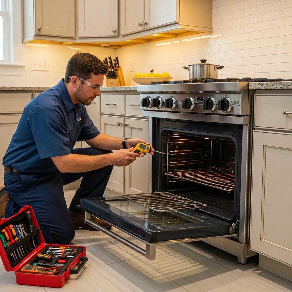 Technician inspecting a Viking oven for common issues in a commercial kitchen