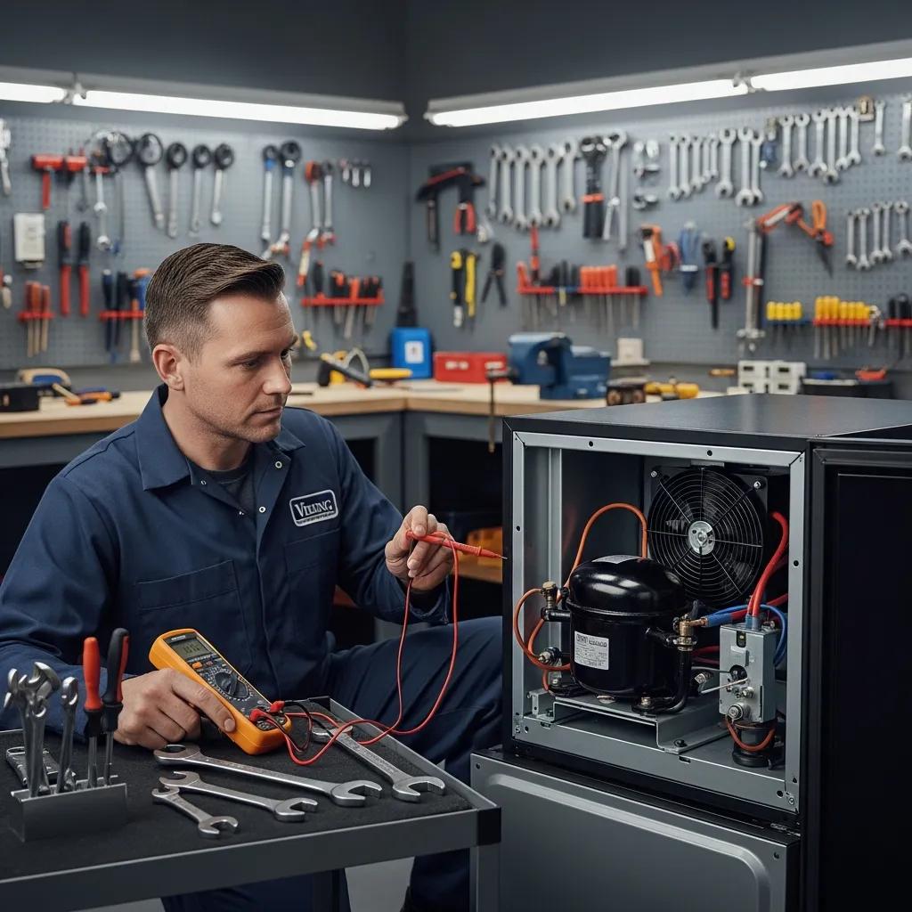 Technician inspecting a Viking wine cooler's compressor for potential failures