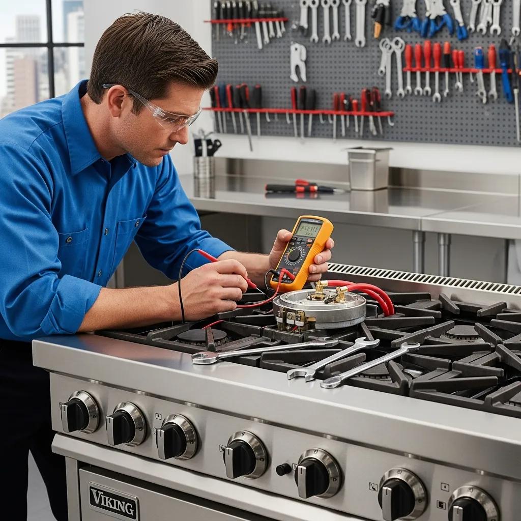 Technician inspecting Viking stove ignition system for troubleshooting