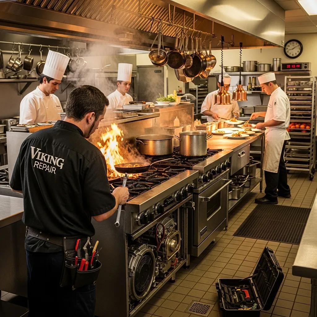 Technician performing emergency repair on a Viking range in a busy restaurant kitchen