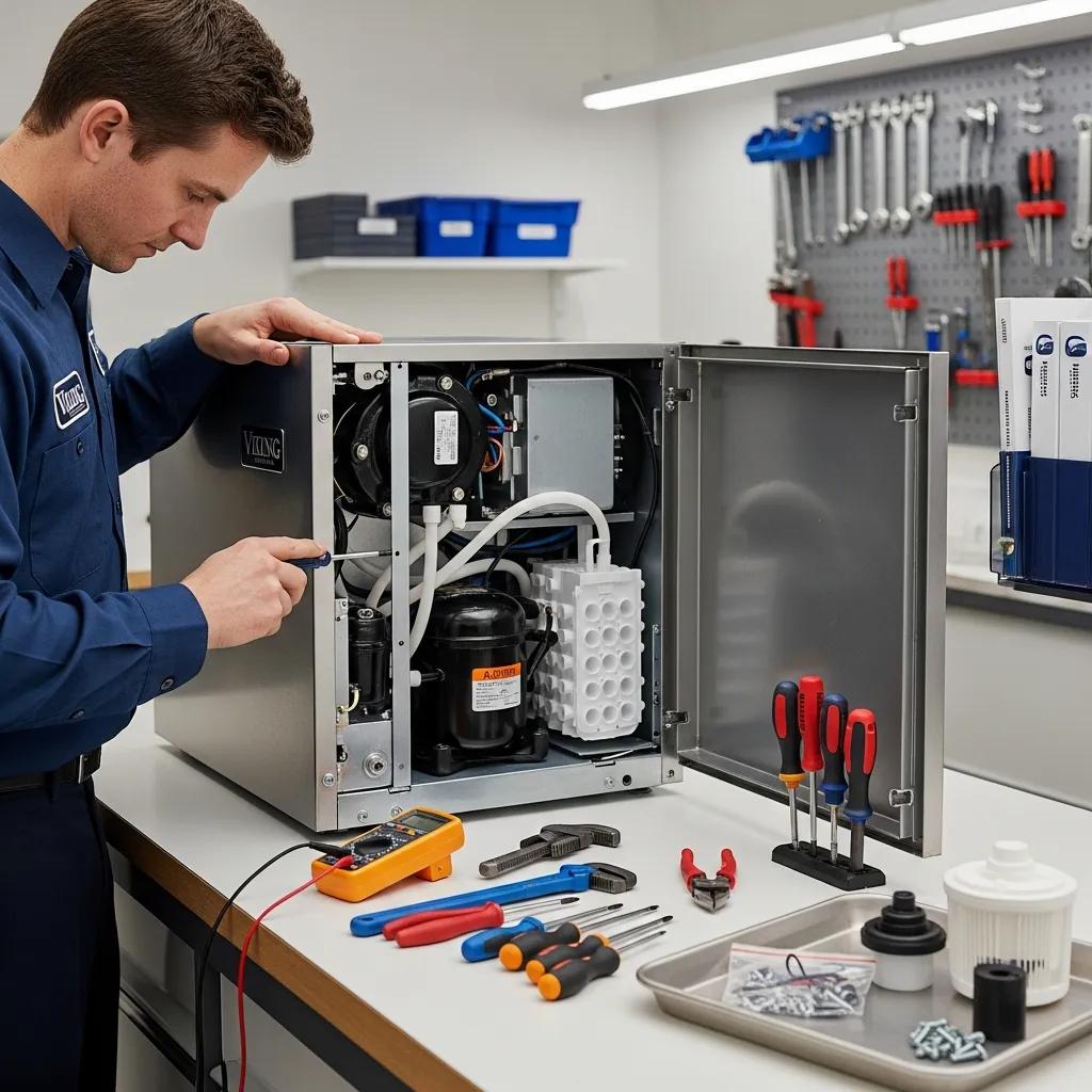 Technician performing maintenance on a Viking ice maker in a workshop, showcasing repair services