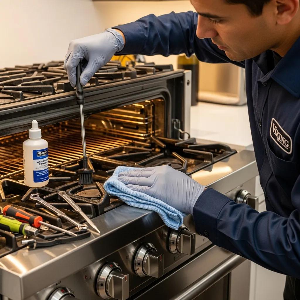 Technician performing maintenance on a Viking oven, emphasizing care and professionalism