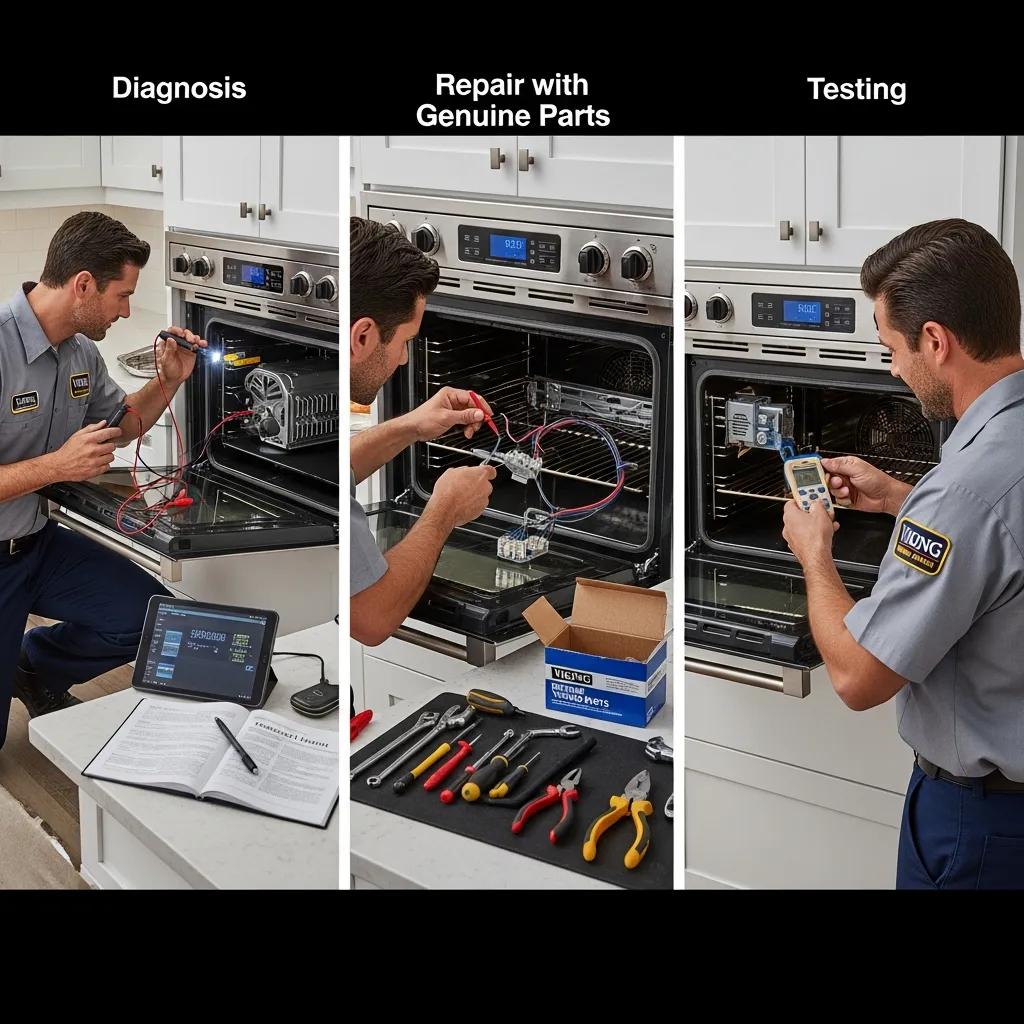 Technician performing step-by-step Viking oven repair process, showcasing diagnostics and repairs