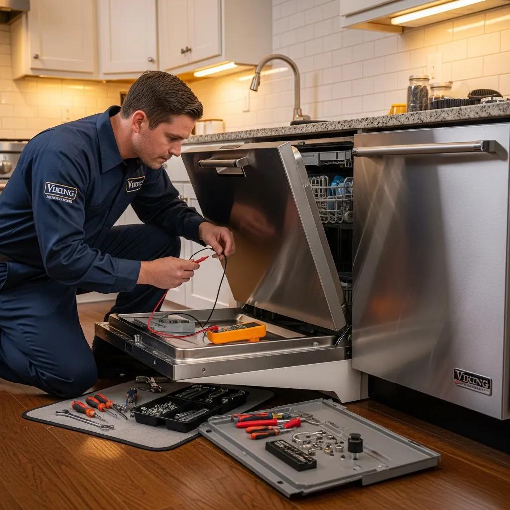 Technician repairing a Viking dishwasher, showcasing professional service and urgency