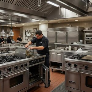 Technician repairing a Viking kitchen appliance in a busy casino kitchen