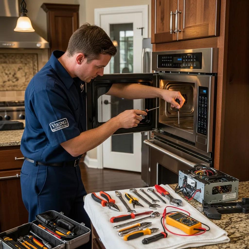 Technician repairing a Viking microwave in a home kitchen, emphasizing emergency repair service