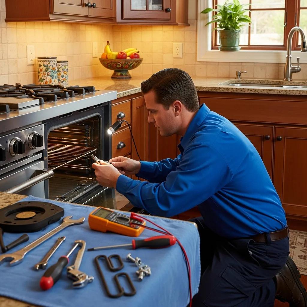 Technician repairing a Viking oven in a residential kitchen, showcasing professional service