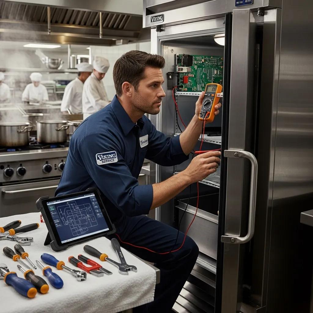 Technician repairing a Viking refrigerator in a commercial kitchen, emphasizing emergency service
