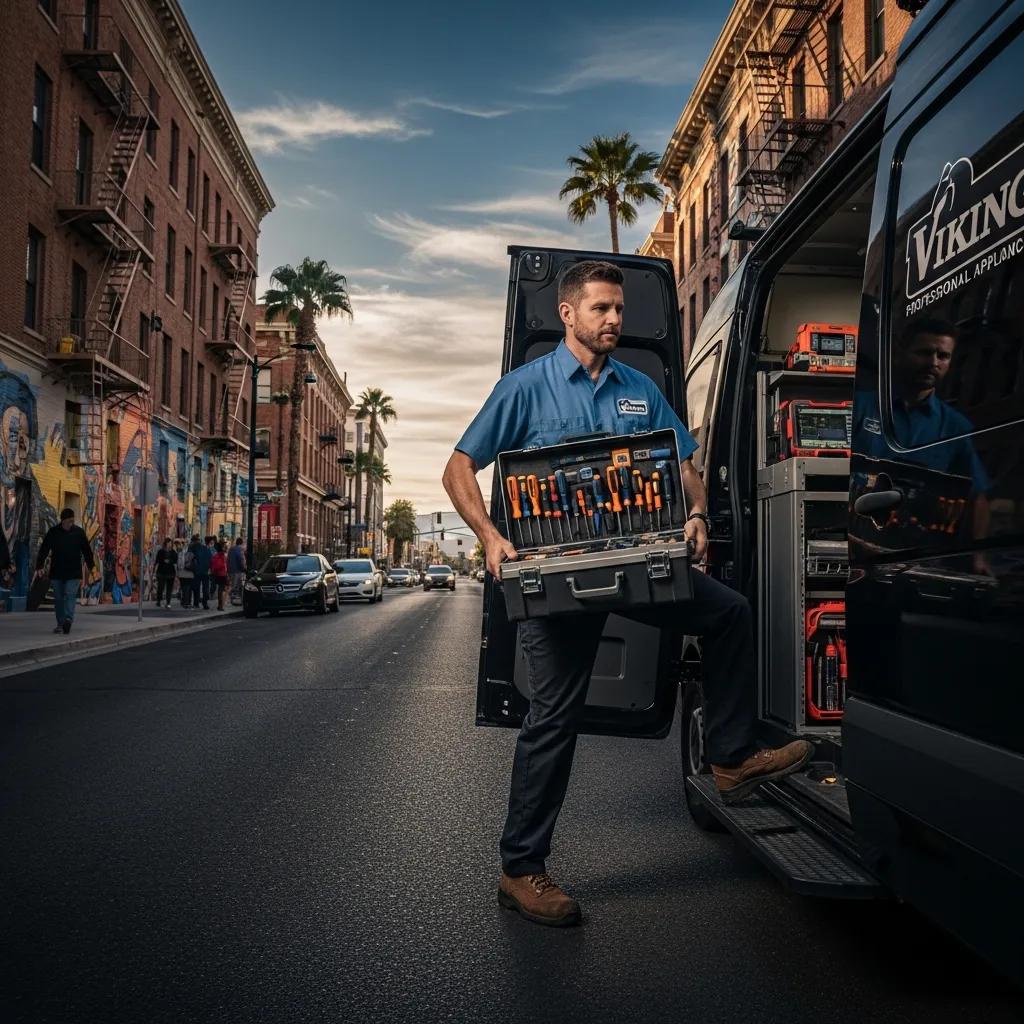 Viking appliance repair technician preparing for an emergency service call in Downtown Las Vegas