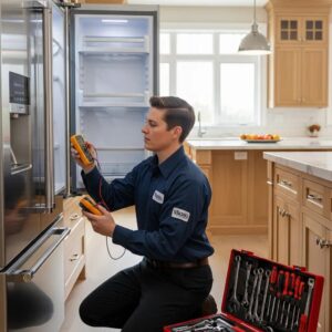 Viking appliance repair technician servicing a refrigerator in a modern kitchen