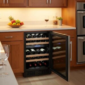 Viking wine cooler in a modern kitchen, highlighting its design and wine storage capabilities
