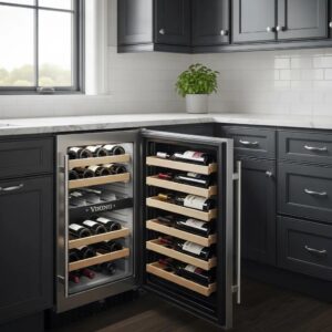 Viking wine cooler in a modern kitchen, showcasing its design and wine storage capacity